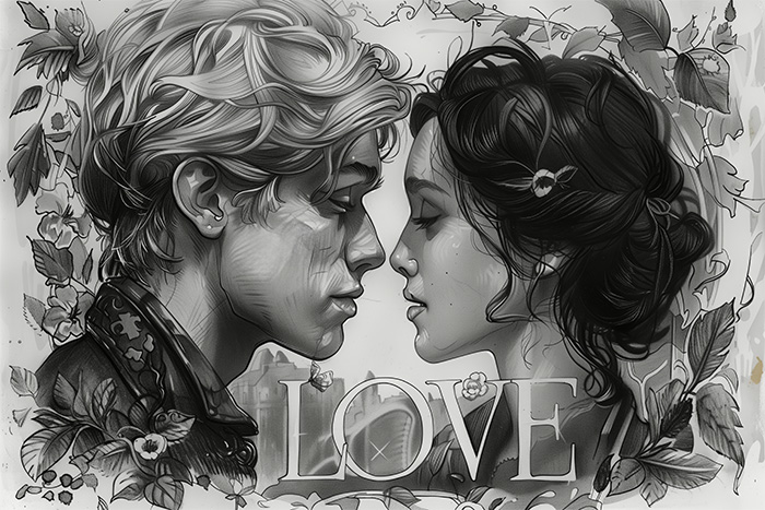 product-image-3-2 Black and white illustration of a man and woman facing each other closely, surrounded by floral designs, with the word LOVE written below them. Wall art print available in A1 to A4 sizes.