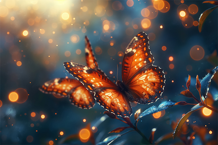 product-image-3-2 Two orange and black butterflies rest on leaves, surrounded by glowing bokeh lights and a softly blurred natural background. Fantasy art poster available in A1 to A4 sizes.