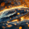 A humpback whale breaches the ocean surface, surrounded by golden light and water droplets, with a blurred foreground and background. Fantasy art poster available in A1 to A4 sizes.