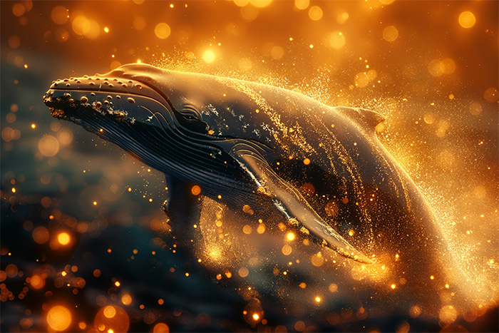product-image-3-2 A humpback whale breaching the water, surrounded by glowing golden light and sparkles against a dark background. Fantasy art poster available in A1 to A4 sizes.