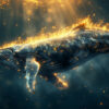 A humpback whale swims underwater, illuminated by glowing golden light and particles, creating a surreal, ethereal effect. Fantasy art poster available in A1 to A4 sizes.