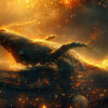 A whale breaching the surface of the water, surrounded by glowing golden light and sparkling particles in a surreal, fantasy-like scene. Fantasy art poster available in A1 to A4 sizes.