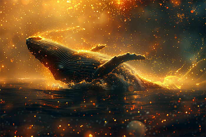 product-image-3-2 A whale breaching the surface of the water, surrounded by glowing golden light and sparkling particles in a surreal, fantasy-like scene. Fantasy art poster available in A1 to A4 sizes.