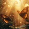 Two brown butterflies fly toward each other in warm, golden light with glowing particles floating in the background. Fantasy art poster available in A1 to A4 sizes.