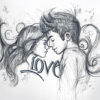 A sketch of a couple with their foreheads touching, surrounded by swirling lines and the word “Love” written below them. Wall art print available in A1 to A4 sizes.