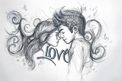 A sketch of a couple with their foreheads touching, surrounded by swirling lines and the word “Love” written below them. Wall art print available in A1 to A4 sizes.
