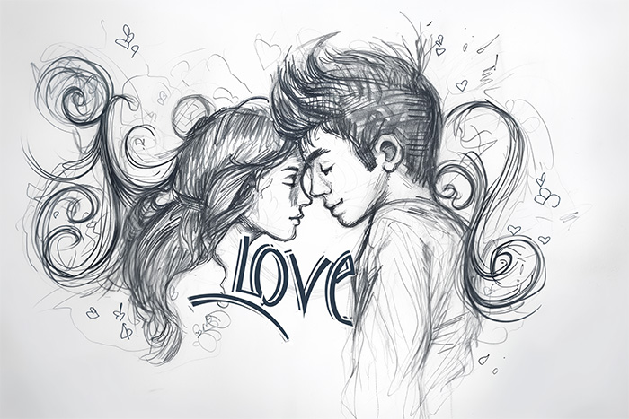 A sketch of a couple with their foreheads touching, surrounded by swirling lines and the word “Love” written below them. Wall art print available in A1 to A4 sizes.