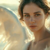 A woman with large white angel wings looks directly at the camera, illuminated by soft natural light. Fantasy art poster available in A1 to A4 sizes.
