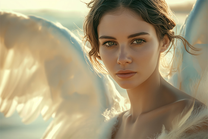 product-image-3-2 A woman with large white angel wings looks directly at the camera, illuminated by soft natural light. Fantasy art poster available in A1 to A4 sizes.