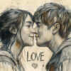 Illustration of a smiling couple touching noses, with the word LOVE and heart symbols in the background. Wall art print available in A1 to A4 sizes.