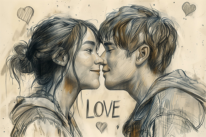 Illustration of a smiling couple touching noses, with the word LOVE and heart symbols in the background. Wall art print available in A1 to A4 sizes.