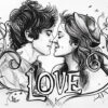 A black and white drawing of a couple about to kiss, surrounded by vines and hearts, with the word “LOVE” written below them. Wall art print available in A1 to A4 sizes.