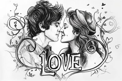 A black and white drawing of a couple about to kiss, surrounded by vines and hearts, with the word “LOVE” written below them. Wall art print available in A1 to A4 sizes.