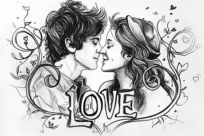 product-image-3-2 A black and white drawing of a couple about to kiss, surrounded by vines and hearts, with the word “LOVE” written below them. Wall art print available in A1 to A4 sizes.