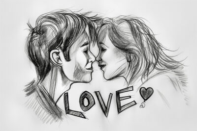 Pencil sketch of a smiling man and woman touching noses, with the word “LOVE” and a heart symbol drawn below their faces. Wall art print available in A1 to A4 sizes.