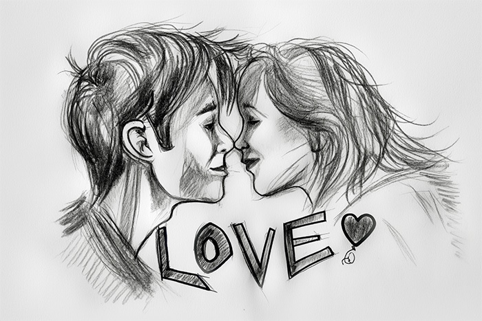 product-image-3-2 Pencil sketch of a smiling man and woman touching noses, with the word “LOVE” and a heart symbol drawn below their faces. Wall art print available in A1 to A4 sizes.
