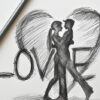 A pencil sketch of a couple embracing in front of a large heart shape, with the word LOVE written in bold letters behind them. A pencil rests on the paper. Wall art print available in A1 to A4 sizes.