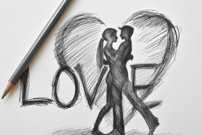 A pencil sketch of a couple embracing in front of a large heart shape, with the word LOVE written in bold letters behind them. A pencil rests on the paper. Wall art print available in A1 to A4 sizes.