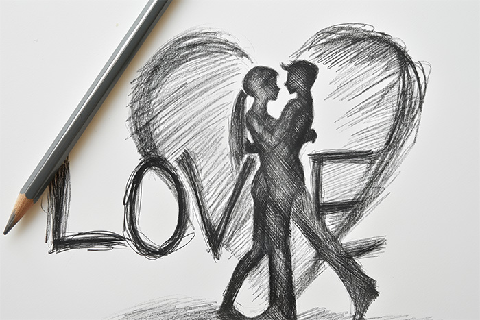 product-image-3-2 A pencil sketch of a couple embracing in front of a large heart shape, with the word LOVE written in bold letters behind them. A pencil rests on the paper. Wall art print available in A1 to A4 sizes.