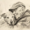 A pencil sketch of an elderly man in a cap hugging a dog closely, both appearing content. The words BEST FRIENDS are written on the right. Wall art print available in A1 to A4 sizes.