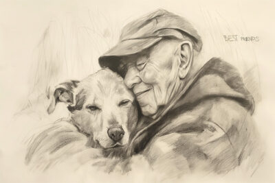 A pencil sketch of an elderly man in a cap hugging a dog closely, both appearing content. The words BEST FRIENDS are written on the right. Wall art print available in A1 to A4 sizes.