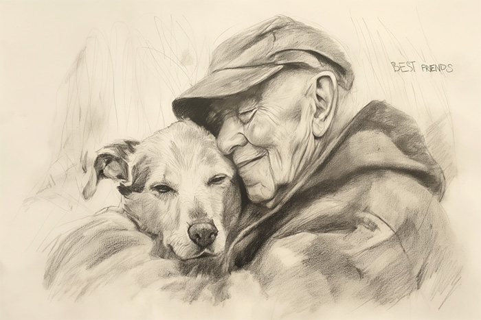 product-image-3-2 A pencil sketch of an elderly man in a cap hugging a dog closely, both appearing content. The words BEST FRIENDS are written on the right. Wall art print available in A1 to A4 sizes.