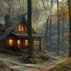 A small log cabin with glowing windows sits in a dense, misty forest surrounded by tall trees and autumn foliage. Wall art print available in A1 to A4 sizes.