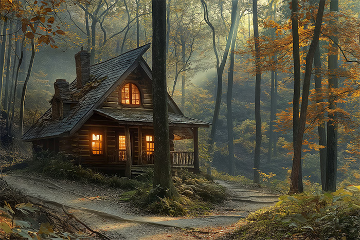 product-image-3-2 A small log cabin with glowing windows sits in a dense, misty forest surrounded by tall trees and autumn foliage. Wall art print available in A1 to A4 sizes.