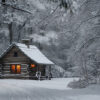 A small log cabin with lit windows sits in a snowy forest surrounded by snow-covered trees on a winter day. Wall art print available in A1 to A4 sizes.