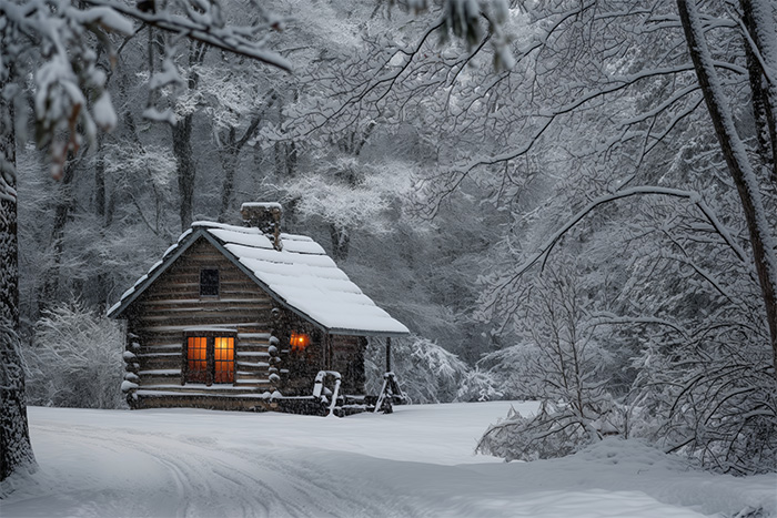 product-image-3-2 A small log cabin with lit windows sits in a snowy forest surrounded by snow-covered trees on a winter day. Wall art print available in A1 to A4 sizes.