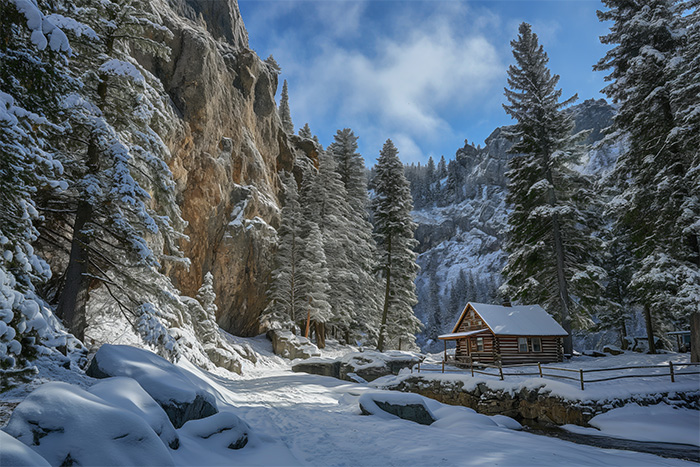 product-image-3-2 A small wooden cabin sits among snow-covered trees and rocky cliffs under a clear blue sky in a mountainous winter landscape. Wall art print available in A1 to A4 sizes.