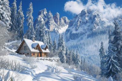 A wooden cabin sits among snow-covered trees and hills, with tall, rocky mountains in the background under a clear blue sky. Wall art print available in A1 to A4 sizes.