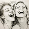A pencil sketch of two people laughing with arms around each other, BFF written above their heads, showing a close friendship. Wall art print available in A1 to A4 sizes.