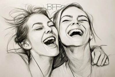A pencil sketch of two people laughing with arms around each other, BFF written above their heads, showing a close friendship. Wall art print available in A1 to A4 sizes.