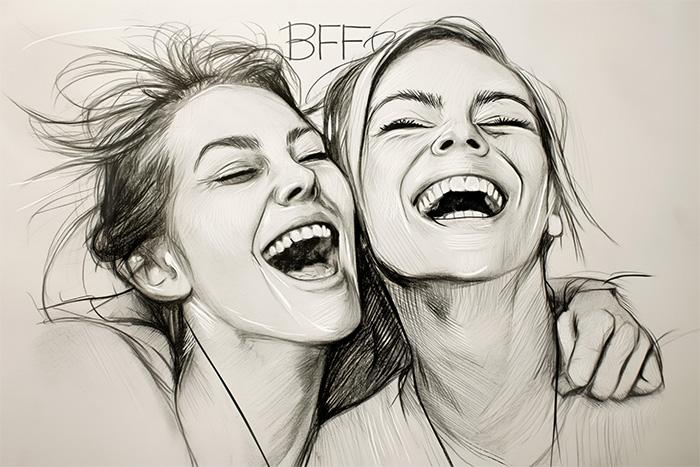 product-image-3-2-Recovered A pencil sketch of two people laughing with arms around each other, BFF written above their heads, showing a close friendship. Wall art print available in A1 to A4 sizes.