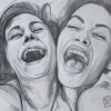 A pencil sketch of two people laughing with their heads close together, showing wide smiles; the letters BFF are written in the bottom right corner. Wall art print available in A1 to A4 sizes.