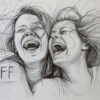 A pencil sketch of two people laughing together, with BFF written beside them, suggesting a close friendship. Wall art print available in A1 to A4 sizes.