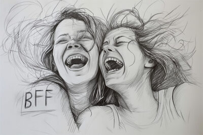 A pencil sketch of two people laughing together, with BFF written beside them, suggesting a close friendship. Wall art print available in A1 to A4 sizes.