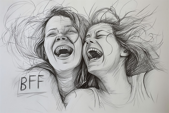 product-image-3-2-Recovered A pencil sketch of two people laughing together, with BFF written beside them, suggesting a close friendship. Wall art print available in A1 to A4 sizes.