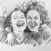 Pencil sketch of two young women smiling with arms around each other; the letters BFF are written between them. Wall art print available in A1 to A4 sizes.
