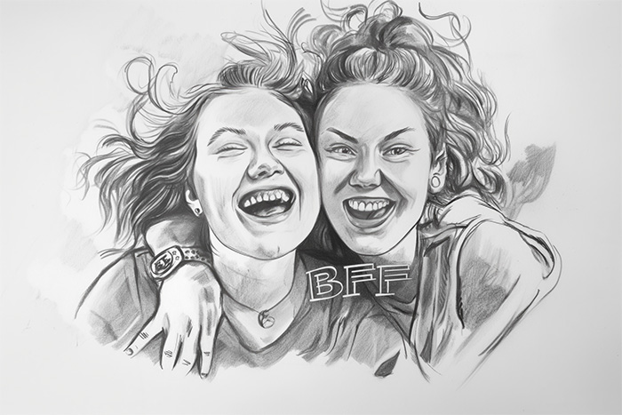 product-image-3-2-Recovered Pencil sketch of two young women smiling with arms around each other; the letters BFF are written between them. Wall art print available in A1 to A4 sizes.