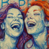 Two women with colourful hair laughing together, illustrated with swirling lines and abstract patterns in the background. Wall art print available in A1 to A4 sizes.