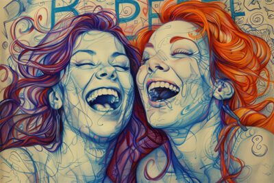 Two women with colourful hair laughing together, illustrated with swirling lines and abstract patterns in the background. Wall art print available in A1 to A4 sizes.