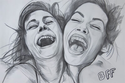 A pencil sketch of two people laughing with their heads close together, showing wide smiles; the letters BFF are written in the bottom right corner. Wall art print available in A1 to A4 sizes.