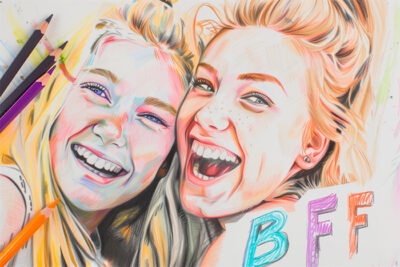 Colored pencil drawing of two smiling girls close together, with the letters BFF in colourful text at the bottom right. Colored pencils are visible on the edges of the artwork. Wall art print available in A1 to A4 sizes.