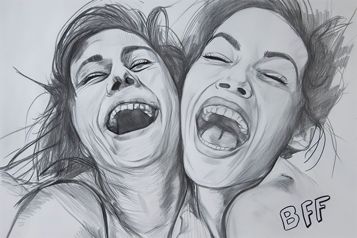 product-image-3-2-Recovered A pencil sketch of two people laughing with their heads close together, showing wide smiles; the letters BFF are written in the bottom right corner. Wall art print available in A1 to A4 sizes.