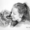 A woman smiles as a dog affectionately nuzzles her face in this heartwarming Best Friends black and white drawing, with the words Best Friends written in the corner. Wall art print available in A1 to A4 sizes.