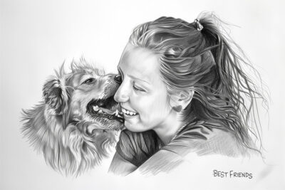 A woman smiles as a dog affectionately nuzzles her face in this heartwarming Best Friends black and white drawing, with the words Best Friends written in the corner. Wall art print available in A1 to A4 sizes.