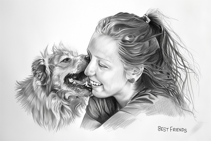 product-image-3-2-Recovered A woman smiles as a dog affectionately nuzzles her face in this heartwarming Best Friends black and white drawing, with the words Best Friends written in the corner. Wall art print available in A1 to A4 sizes.