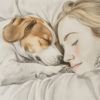 A woman and a dog lie side by side on a bed, both resting with content expressions and their faces close together. The words “Best Friends” appear in the bottom right corner. Wall art print available in A1 to A4 sizes.